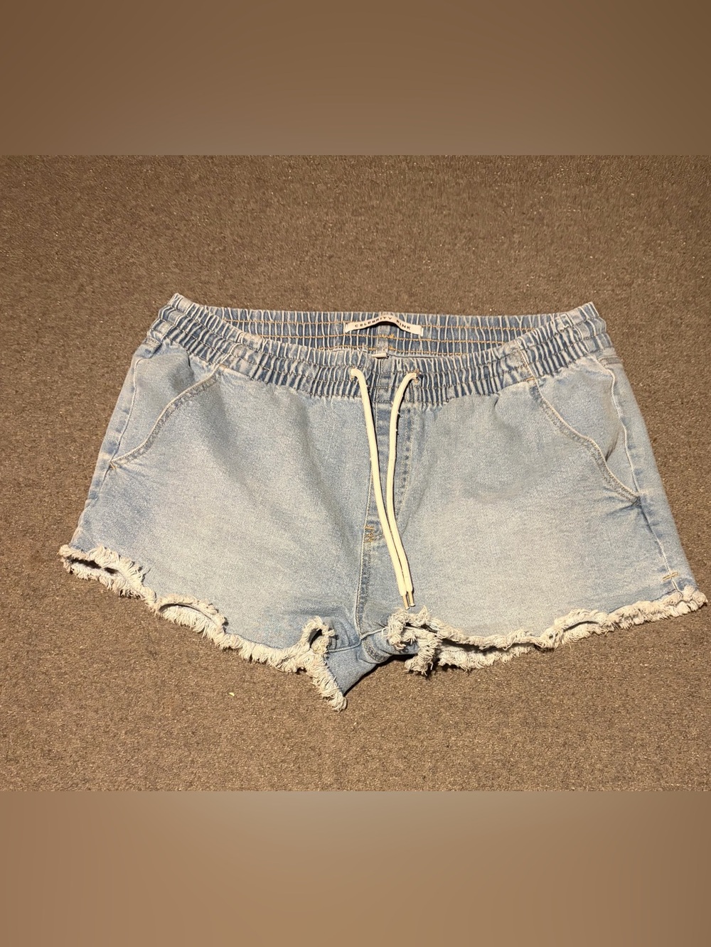 Light Blue Denim Drawstring Frayed Hem Shorts